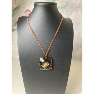 Amber Inspired Resin Pendant Necklace With Brown Suede Cord Lobster Clasp